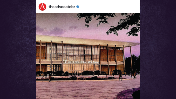 Facade of Our Lady of the Lake Arena at dusk, with a purple-pink sky and trees framing the scene.