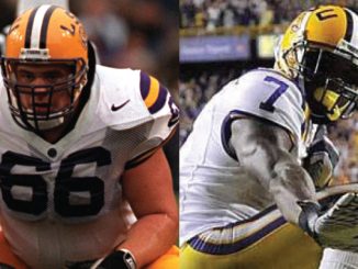 Split image of two LSU football players in action: left is a lineman wearing an orange helmet and number 66; right is a white-jerseyed player wearing number 7 reaching for a football.