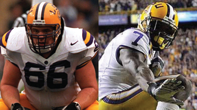 Split image of two LSU football players in action: left is a lineman wearing an orange helmet and number 66; right is a white-jerseyed player wearing number 7 reaching for a football.