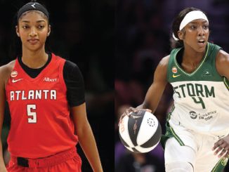 Two women basketball players side by side: left in red Atlanta jersey #5, right in green Storm jersey #4 holding a basketball on the move.