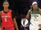 Two women basketball players side by side: left in red Atlanta jersey #5, right in green Storm jersey #4 holding a basketball on the move.
