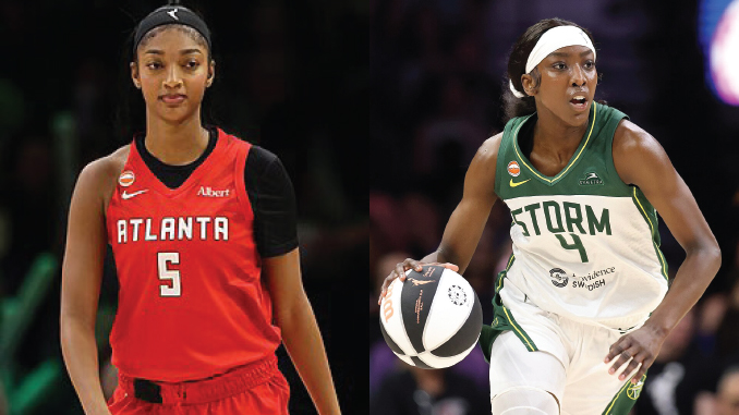 Two women basketball players side by side: left in red Atlanta jersey #5, right in green Storm jersey #4 holding a basketball on the move.