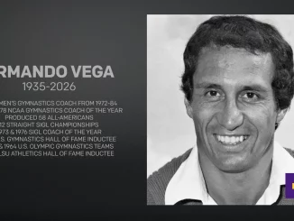 Memorial banner for Armando Vega (1935–2026) with his photo on the right and achievements text on the left; LSU Athletics logo bottom-right.