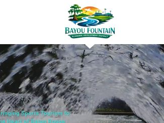 Bayou Fountain logo above a dramatic river gorge with a turquoise headline: 'Bringing Sports Tourism to the Heart of Baton Rouge' in the hero section.