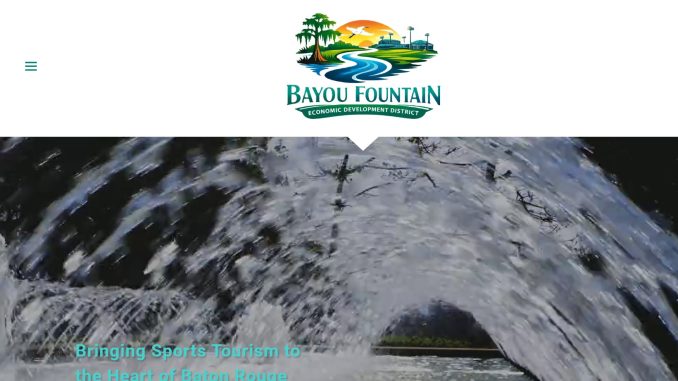 Bayou Fountain logo above a dramatic river gorge with a turquoise headline: 'Bringing Sports Tourism to the Heart of Baton Rouge' in the hero section.