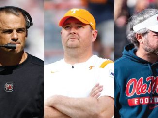 Triptych of three college football coaches: left wearing a headset, middle in white with an orange Texas cap and arms crossed, right in a blue Ole Miss hoodie and white visor