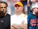 Triptych of three college football coaches: left wearing a headset, middle in white with an orange Texas cap and arms crossed, right in a blue Ole Miss hoodie and white visor