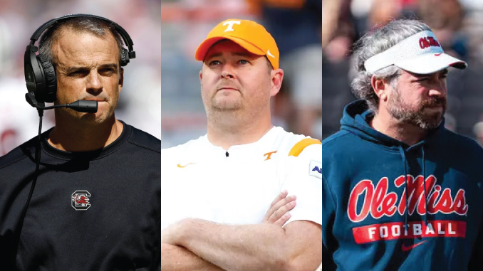 Triptych of three college football coaches: left wearing a headset, middle in white with an orange Texas cap and arms crossed, right in a blue Ole Miss hoodie and white visor