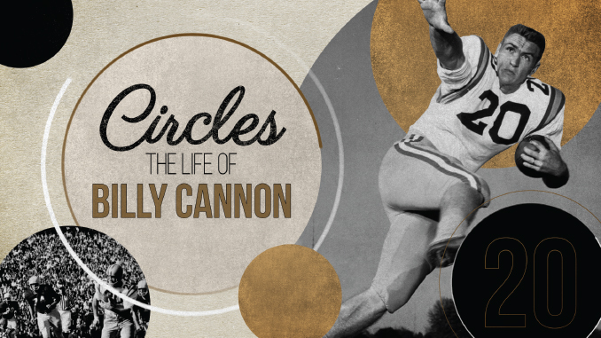 BillyCannon_CirclesDoc | TigerRag.com Cover collage for Circles: The Life of Billy Cannon with a vintage football player and circular shapes.