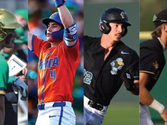 Collage of four athletes across sports: (left) green-uniform player with helmet, (second) orange baseball/softball player swinging, (third) black-uniform baseball player mid-swing with helmet, (fourth) black-shirt athlete in cap on a field.