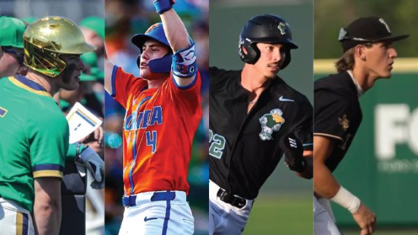 Collage of four athletes across sports: (left) green-uniform player with helmet, (second) orange baseball/softball player swinging, (third) black-uniform baseball player mid-swing with helmet, (fourth) black-shirt athlete in cap on a field.
