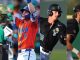 Collage of four athletes across sports: (left) green-uniform player with helmet, (second) orange baseball/softball player swinging, (third) black-uniform baseball player mid-swing with helmet, (fourth) black-shirt athlete in cap on a field.