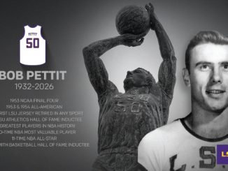 Commemorative banner honoring Bob Pettit (1932–2026) with LSU jersey 50, a shooting statue, and LSU logo.
