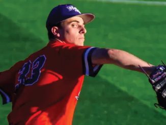 Baseball pitcher in a red jersey and blue cap mid-throw on a green field, glove extended outward.