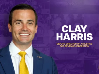 Clay Harris portrait on a purple LSU background with his name and title, Deputy Director of Athletics for Revenue Generation.