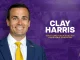 Clay Harris portrait on a purple LSU background with his name and title, Deputy Director of Athletics for Revenue Generation.
