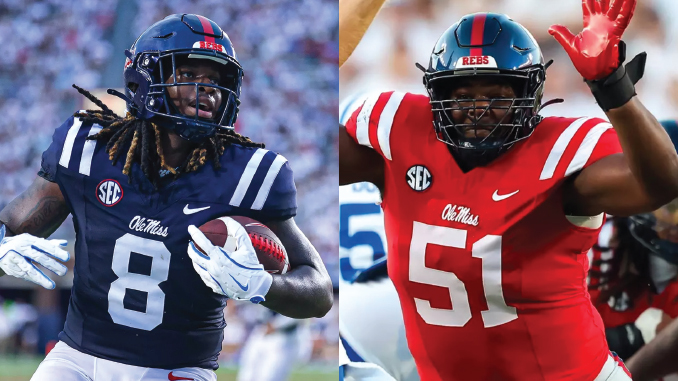 Two Ole Miss football players in action: left player in navy jersey #8 holding the ball, right player in red jersey #51 raising a hand for a tackle or celebration, both with SEC patches