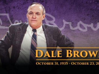Tribute banner featuring Dale Brown in a suit, with his name and dates: Oct 31, 1935 – Oct 23, 2026.