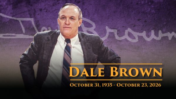 Tribute banner featuring Dale Brown in a suit, with his name and dates: Oct 31, 1935 – Oct 23, 2026.