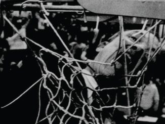 Close-up of a worn basketball net with players and spectators visible in the background.