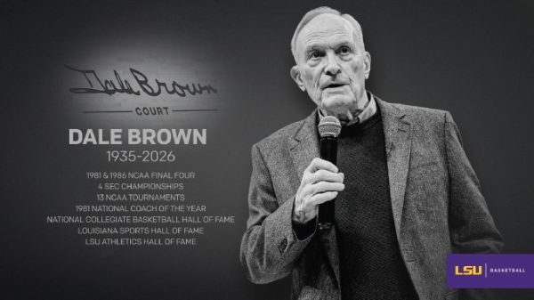 Portrait of Dale Brown speaking into a microphone on a memorial banner listing his life (1935–2026) and honors, with an LSU logo.