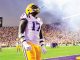 LSU football player wearing number 17 badge stands on the field amid a cheering stadium and smoke from pyrotechnics in the background.