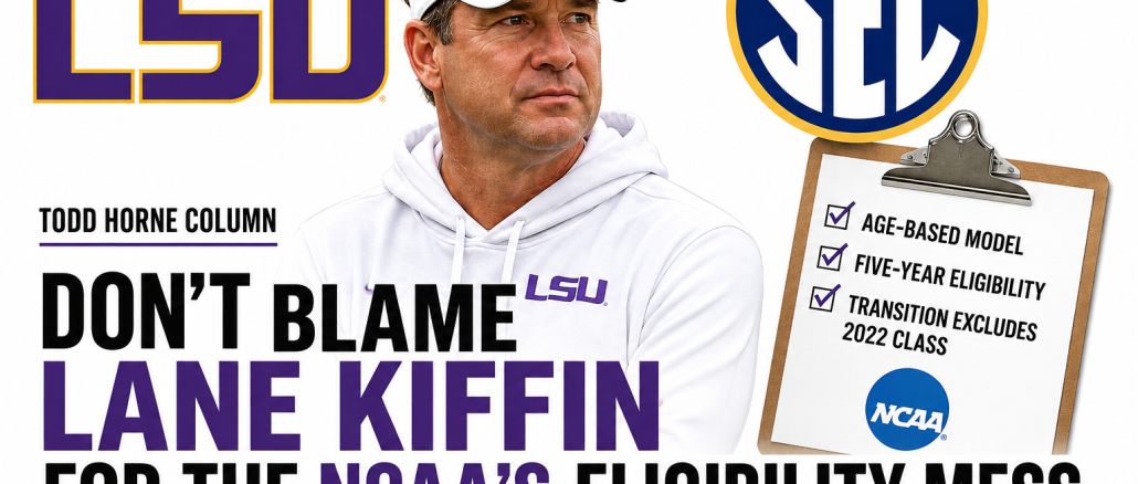 LSU coach Lane Kiffin featured in a graphic about the NCAA five-for-five eligibility rule, the SEC and 2022-class players seeking another season.