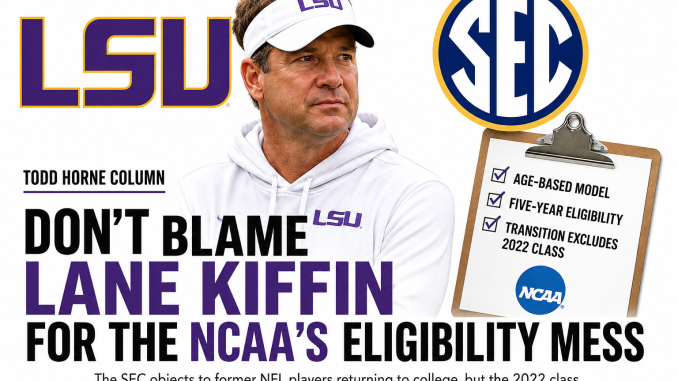 LSU coach Lane Kiffin featured in a graphic about the NCAA five-for-five eligibility rule, the SEC and 2022-class players seeking another season.