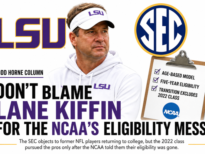 LSU coach Lane Kiffin featured in a graphic about the NCAA five-for-five eligibility rule, the SEC and 2022-class players seeking another season.