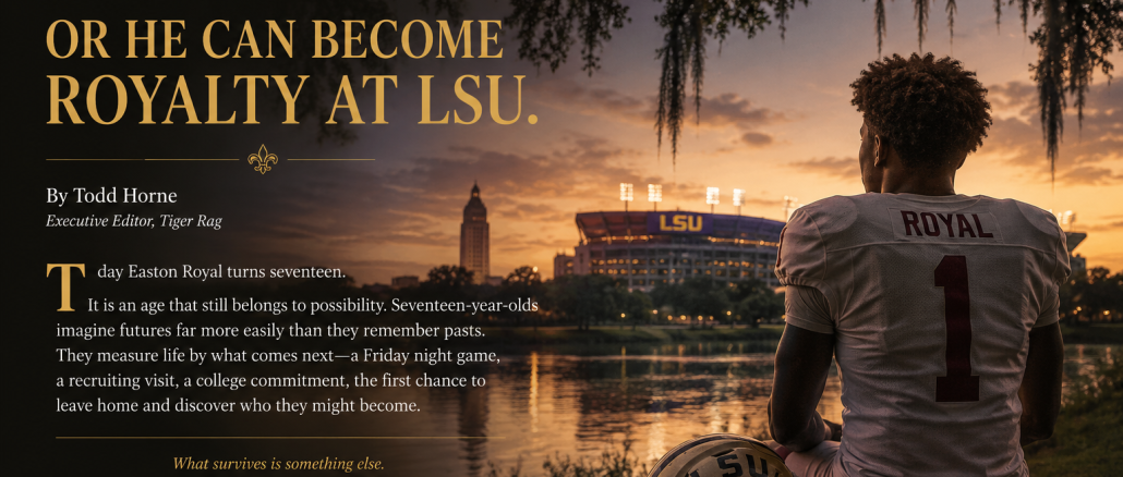 Promotional sports feature: LSU football player with 'ROYAL' on jersey sitting by a lake at sunset, LSU stadium in the background.