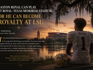 Promotional sports feature: LSU football player with 'ROYAL' on jersey sitting by a lake at sunset, LSU stadium in the background.
