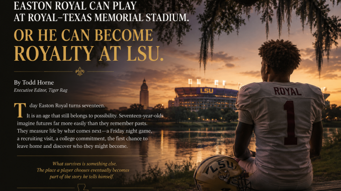 Promotional sports feature: LSU football player with 'ROYAL' on jersey sitting by a lake at sunset, LSU stadium in the background.