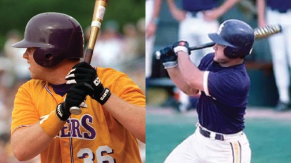 Split image showing two baseball players mid-swing: left in an orange jersey with brown helmet, right in a dark shirt with white pants.