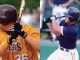 Split image showing two baseball players mid-swing: left in an orange jersey with brown helmet, right in a dark shirt with white pants.