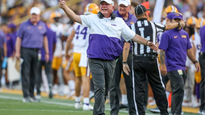 LSU football coach Brian Kelly vs Grambling State on Sept. 9, 2023