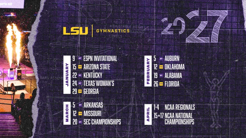 GymSchedule | TigerRag.com LSU Gymnastics schedule graphic on a purple textured background with January–April matchups and opponent list (weekly dates).