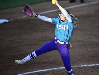 LSU pitcher Jayden Heavener delivers from the circle as the Tigers open NCAA Tournament play against Akron in the Baton Rouge Regional at Tiger Park.