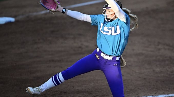 LSU pitcher Jayden Heavener delivers from the circle as the Tigers open NCAA Tournament play against Akron in the Baton Rouge Regional at Tiger Park.