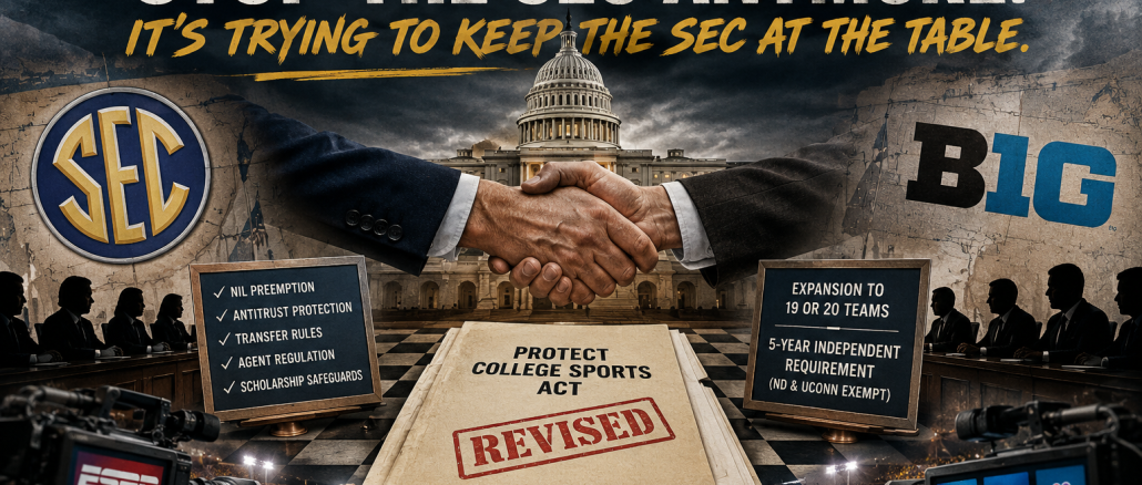 Two suited executives shake hands over a 'Protect College Sports Act' folder labeled REVISED, with SEC and Big logos in the background.