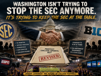 Two suited executives shake hands over a 'Protect College Sports Act' folder labeled REVISED, with SEC and Big logos in the background.
