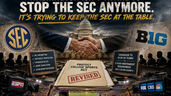 Two suited executives shake hands over a 'Protect College Sports Act' folder labeled REVISED, with SEC and Big logos in the background.