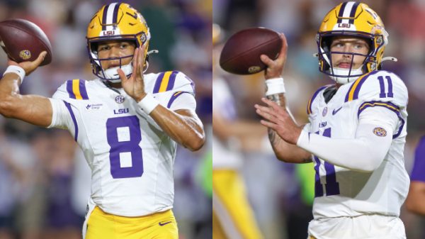 Split-screen image of LSU quarterbacks in white jerseys with purple numbers (left #8, right #11) throwing passes during a game.