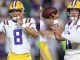 Split-screen image of LSU quarterbacks in white jerseys with purple numbers (left #8, right #11) throwing passes during a game.