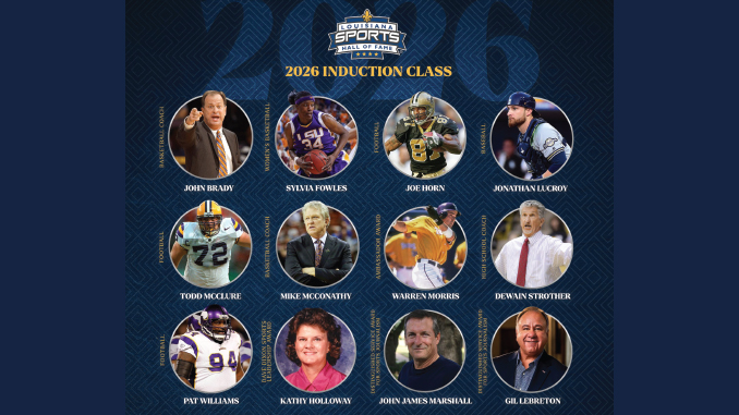 Collage of 12 headshots for the 2026 Louisiana Sports Hall of Fame Induction Class, with the banner '2026 Induction Class' at the top.