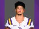 Portrait of a man in an LSU football uniform (white jersey with purple and gold stripes) facing the camera against a gray backdrop.