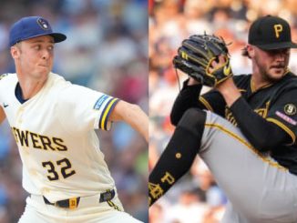 Two baseball pitchers in action: left in a white Brewers uniform throwing, right in a black Pirates uniform delivering a pitch at the mound.