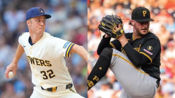 Two baseball pitchers in action: left in a white Brewers uniform throwing, right in a black Pirates uniform delivering a pitch at the mound.