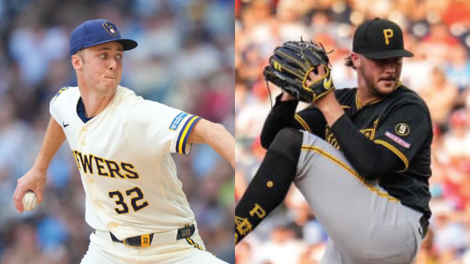 JacobMisiorowskiPaulSkenes_MLBcom | TigerRag.com Two baseball pitchers in action: left in a white Brewers uniform throwing, right in a black Pirates uniform delivering a pitch at the mound.