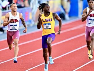 Athletes sprinting on a track, LSU runner in yellow and purple leading the race.
