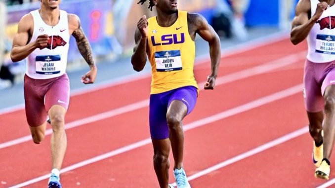 Athletes sprinting on a track, LSU runner in yellow and purple leading the race.